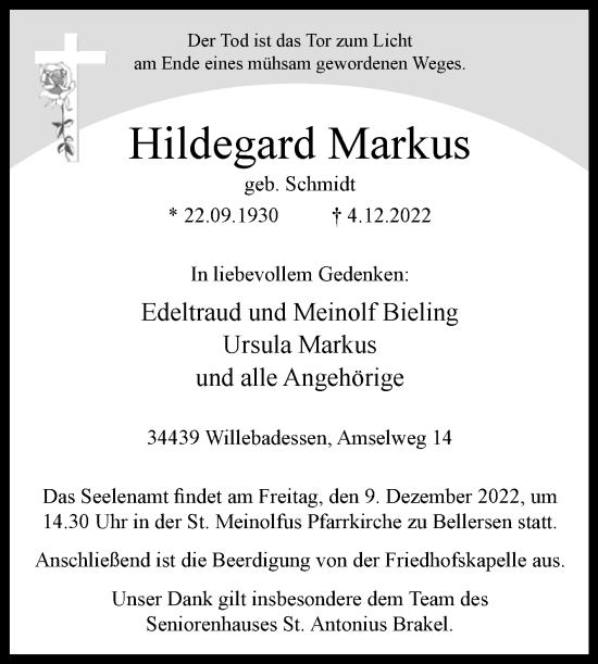 Traueranzeige von Hildegard Markus von Westfalen-Blatt