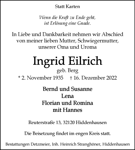 Traueranzeige von Ingrid Eilrich von Westfalen-Blatt