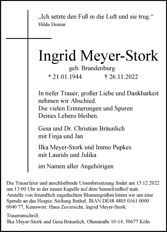 Traueranzeige von Ingrid Meyer-Stork von Westfalen-Blatt