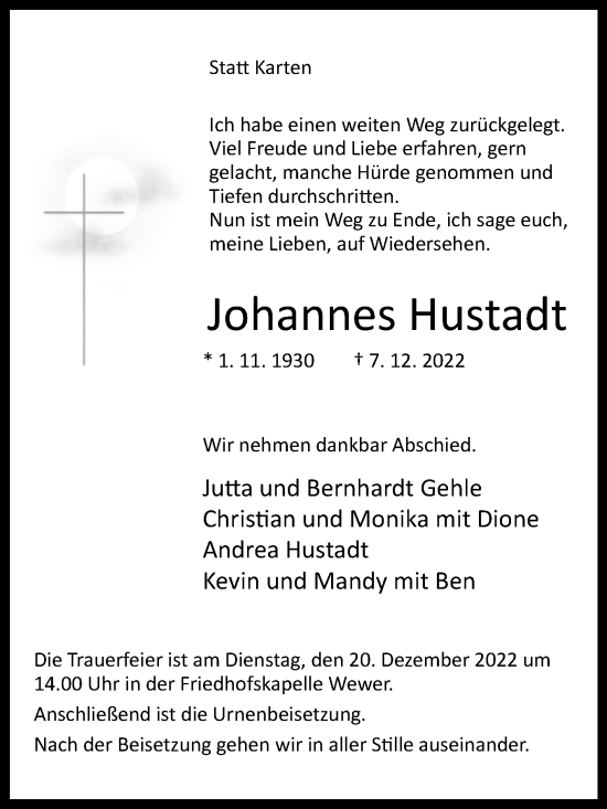 Traueranzeige von Johannes Hustadt von Westfalen-Blatt