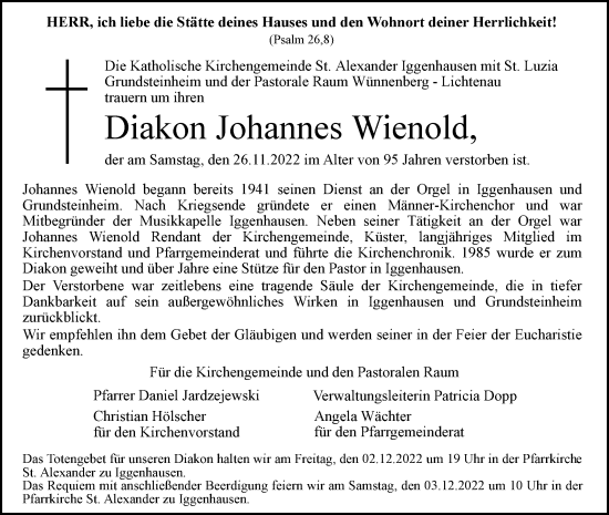 Traueranzeige von Johannes Wienold von Westfalen-Blatt