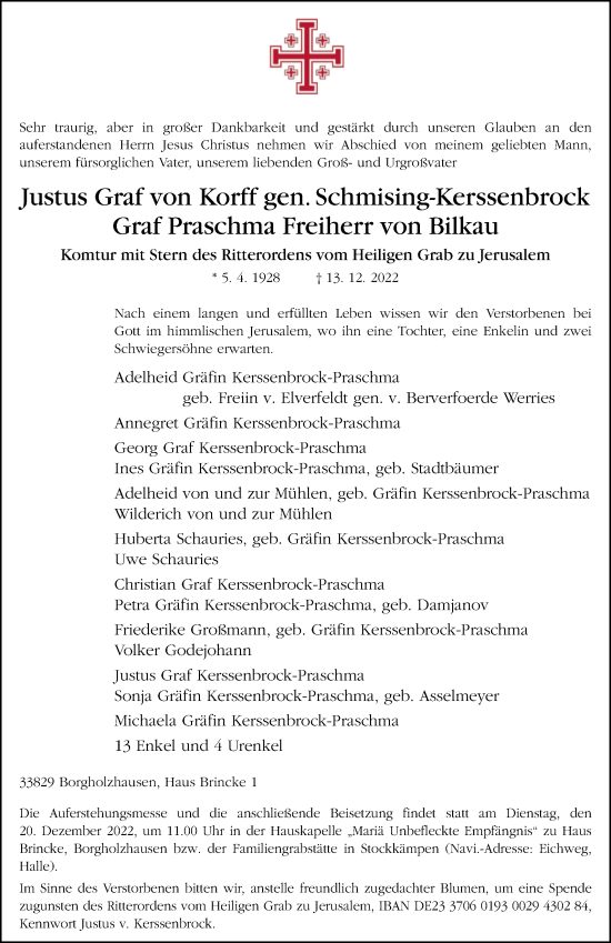 Traueranzeige von Justus Graf von Korff Graf Praschma Freiherr von Bilkau von Westfalen-Blatt