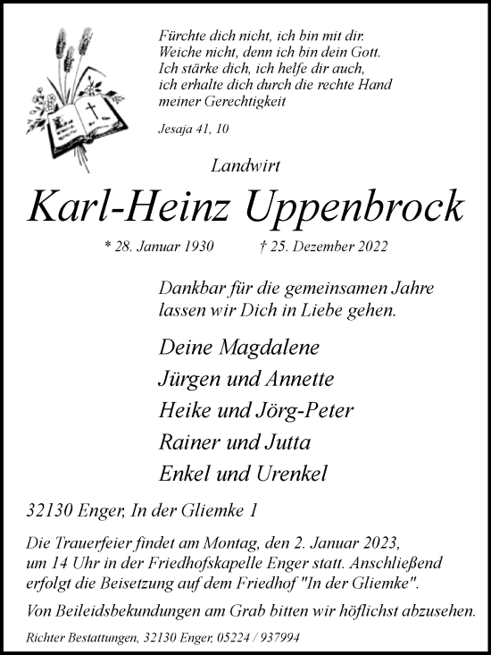 Traueranzeige von Karl-Heinz Uppenbrock von Westfalen-Blatt