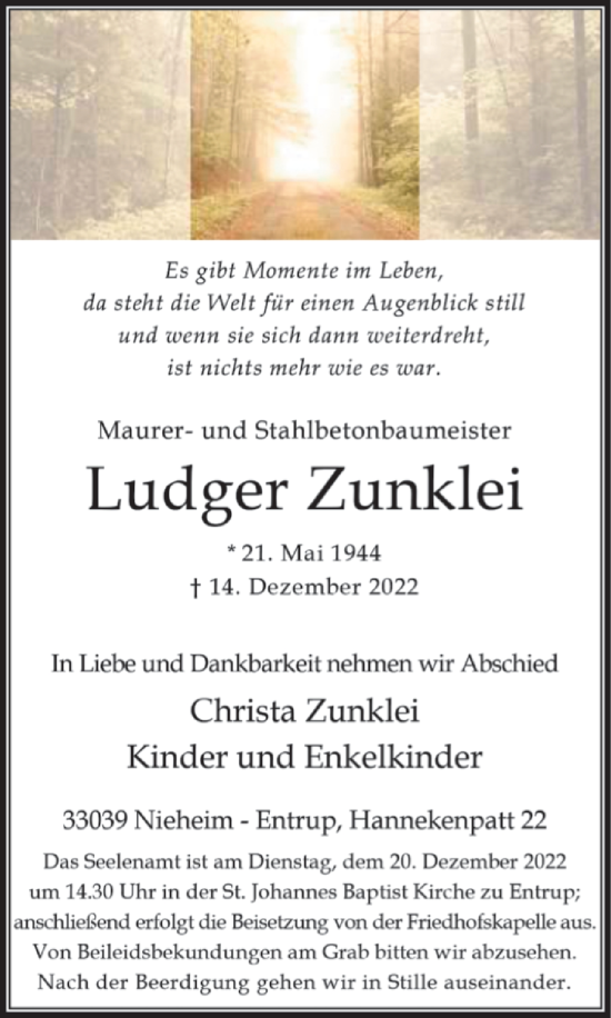 Traueranzeige von Ludger Zunklei von Westfalen-Blatt