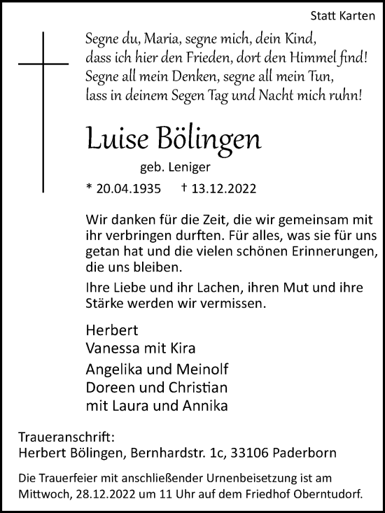 Traueranzeige von Luise Bölingen von Westfalen-Blatt