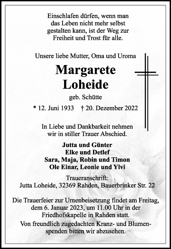 Traueranzeige von MArgarete Loheide von Westfalen-Blatt