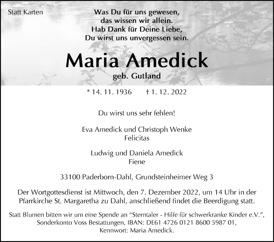 Traueranzeige von Maria Amedick von Westfalen-Blatt