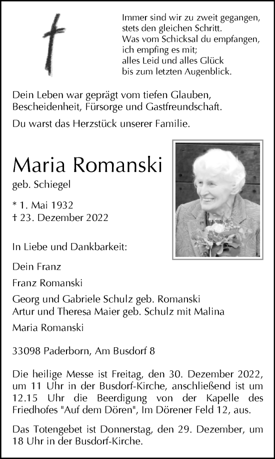 Traueranzeige von Maria Romanski von Westfalen-Blatt