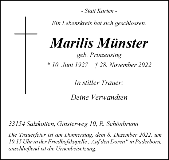 Traueranzeige von Marilis Münster von Westfalen-Blatt