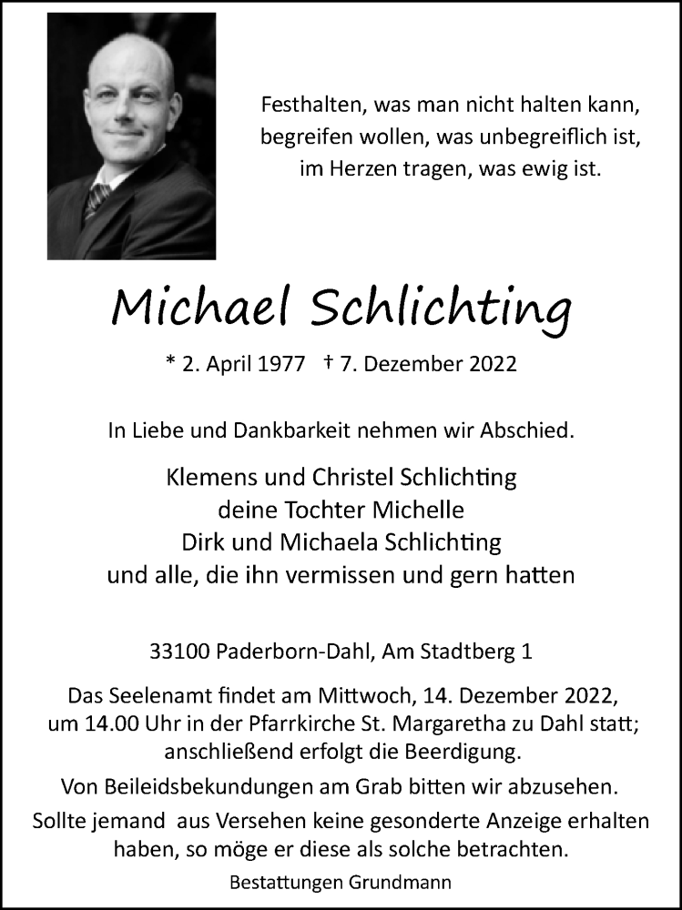  Traueranzeige für Michael Schlichting vom 10.12.2022 aus Westfalen-Blatt