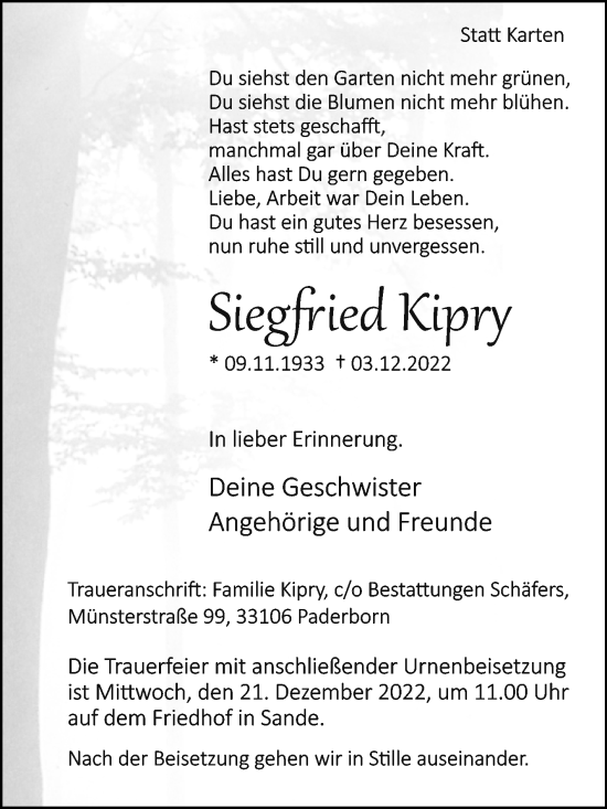 Traueranzeige von Siegfried Kipry von Westfalen-Blatt