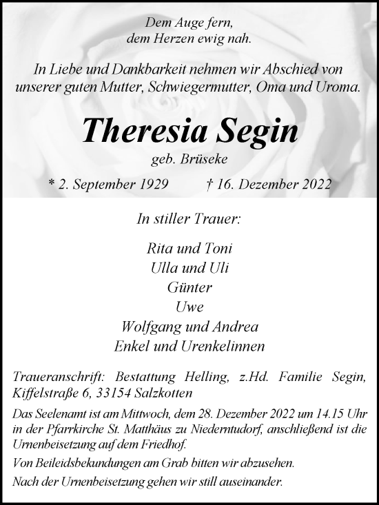 Traueranzeige von Theresia Segin von Westfalen-Blatt