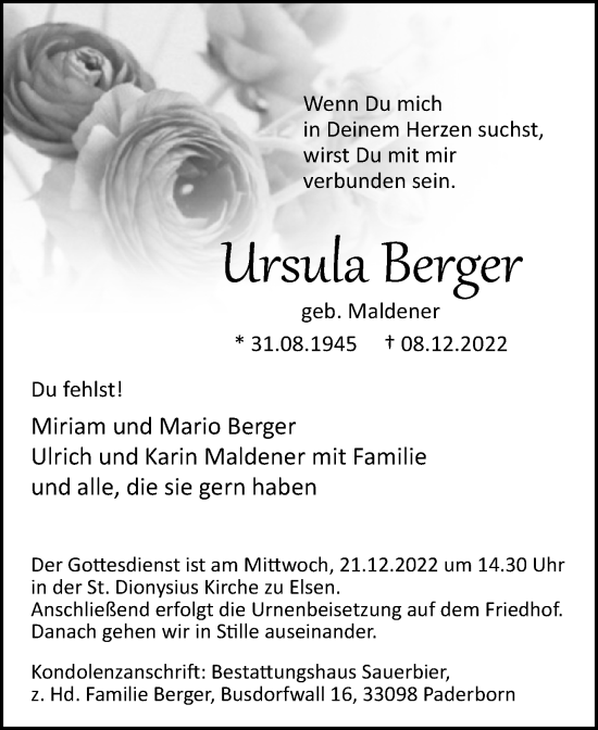 Traueranzeige von Ursula Berger von Westfalen-Blatt