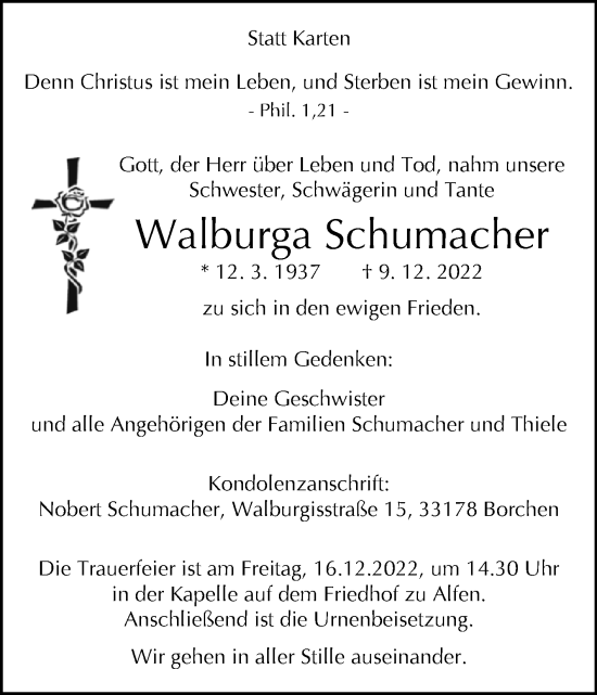 Traueranzeige von Walburga Schumacher von Westfalen-Blatt