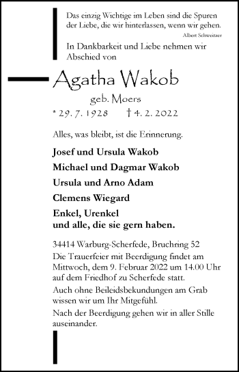 Traueranzeige von Agatha Wakob von Westfalen-Blatt