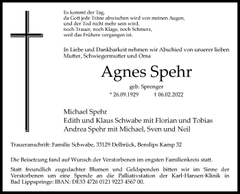 Traueranzeige von Agnes Spehr von Westfalen-Blatt