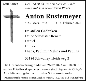 Traueranzeige von Anton Rustemeyer von Westfalen-Blatt