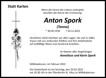 Traueranzeige von Anton Spork von Westfalen-Blatt