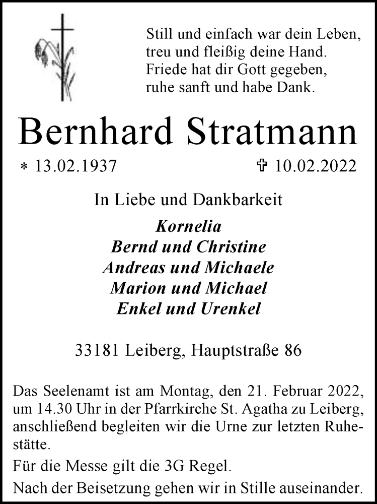  Traueranzeige für Bernhard Stratmann vom 16.02.2022 aus Westfalen-Blatt