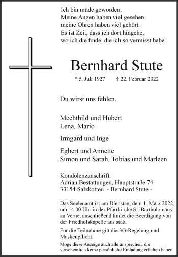 Traueranzeige von Bernhard Stute von Westfalen-Blatt