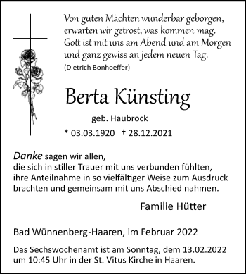 Traueranzeige von Berta Künsting von Westfalen-Blatt