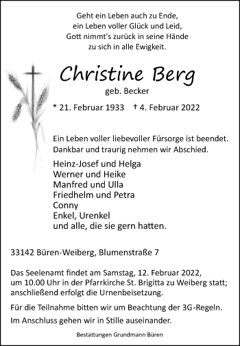 Traueranzeige von Christine Berg von Westfalen-Blatt