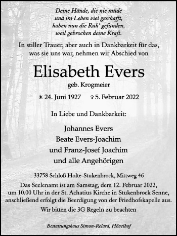 Traueranzeige von Elisabeth Evers von Westfalen-Blatt