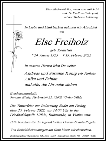 Traueranzeige von Else Freiholz von Westfalen-Blatt