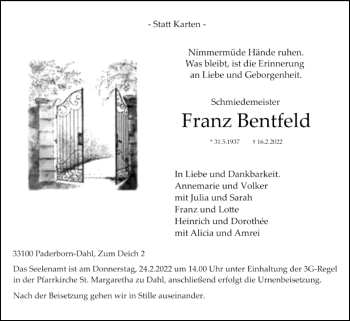 Traueranzeige von Franz Bentfeld von Westfalen-Blatt