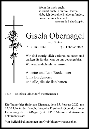 Traueranzeige von Gisela Obernagel von Westfalen-Blatt