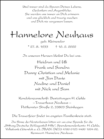 Traueranzeige von Hannelore Neuhaus von Westfalen-Blatt