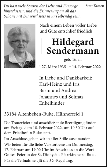 Traueranzeige von Hildegard Sendermann von Westfalen-Blatt