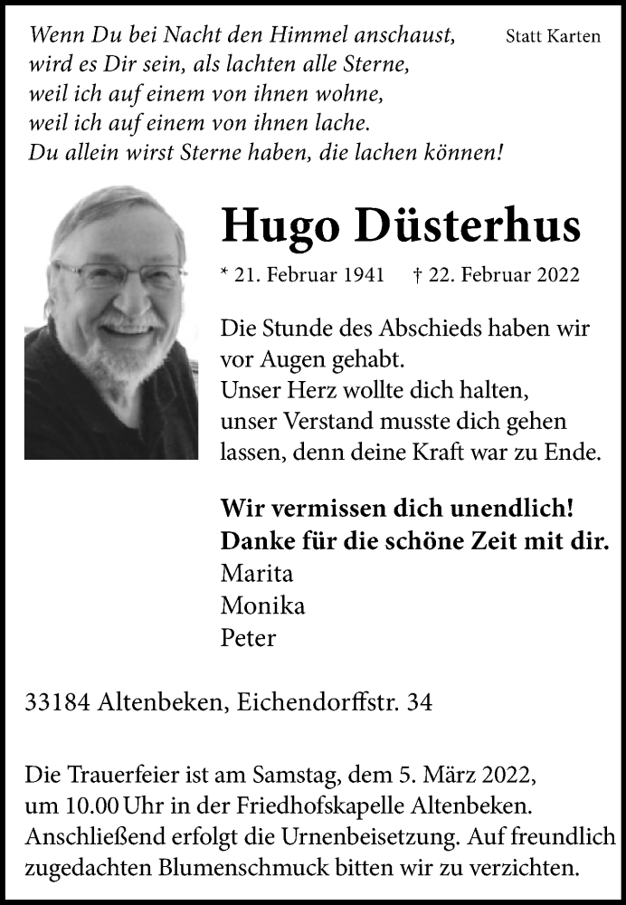  Traueranzeige für Hugo Düsterhus vom 26.02.2022 aus Westfalen-Blatt