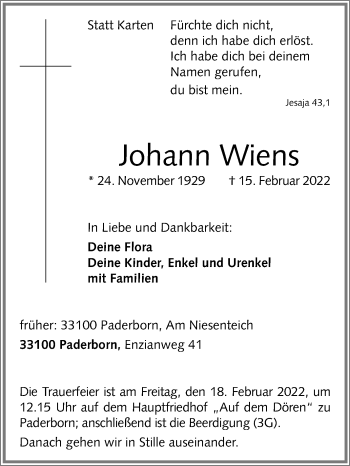 Traueranzeige von Johann Wiens von Westfalen-Blatt