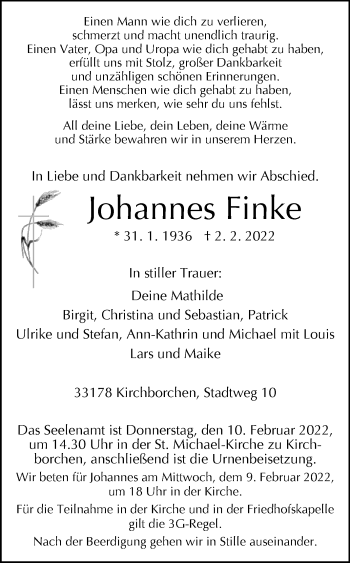 Traueranzeige von Johannes Finke von Westfalen-Blatt