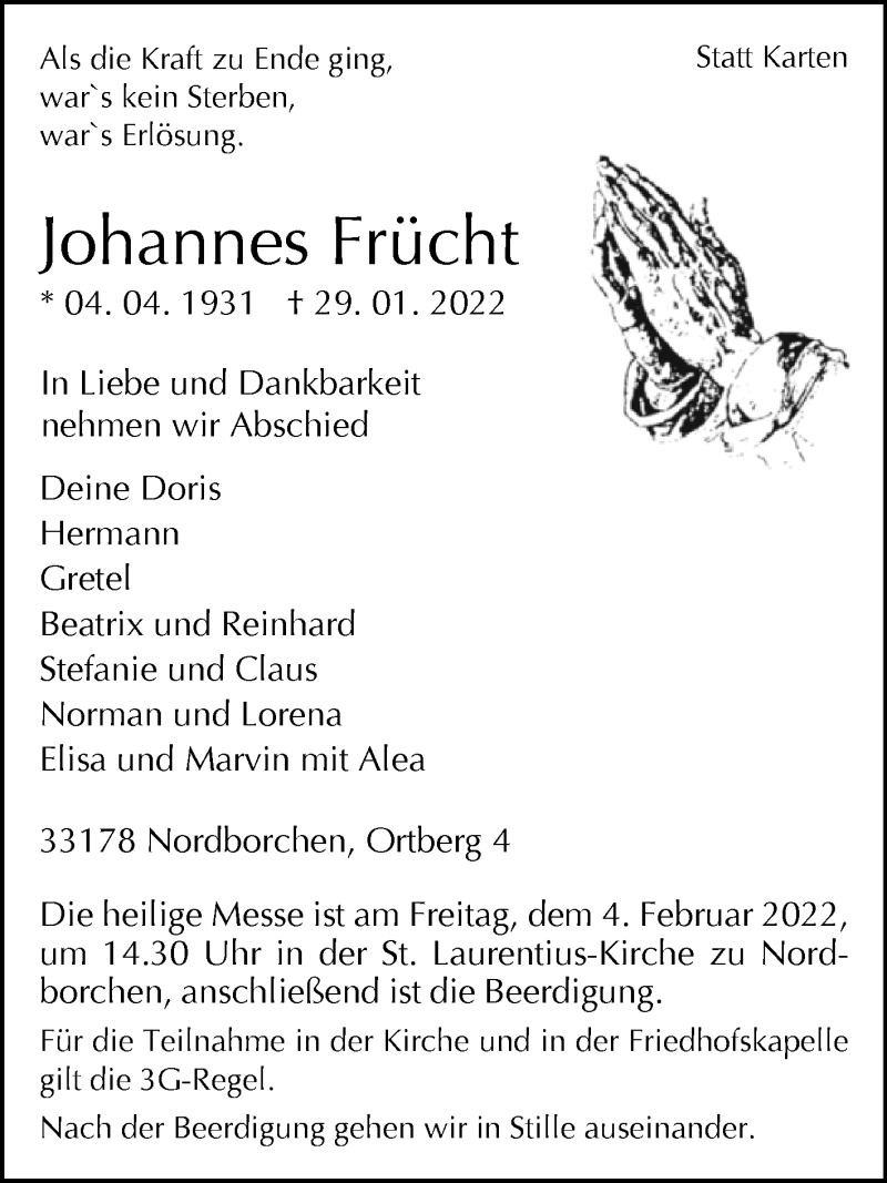  Traueranzeige für Johannes Frücht vom 02.02.2022 aus Westfalen-Blatt