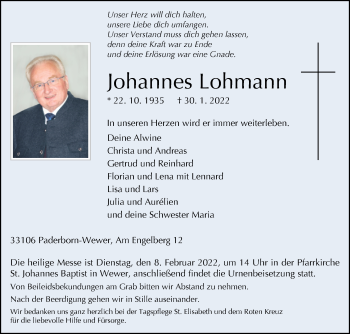 Traueranzeige von Johannes Lohmann von Westfalen-Blatt