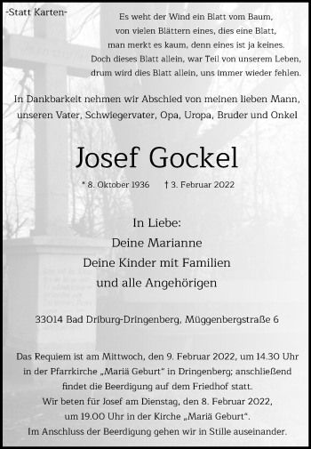 Traueranzeige von Josef Gockel von Westfalen-Blatt