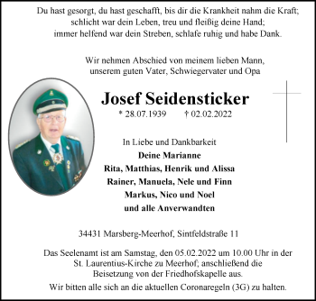 Traueranzeige von Josef Seidensticker von Westfalen-Blatt