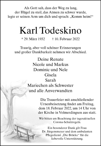 Traueranzeige von Karl Todeskino von Westfalen-Blatt