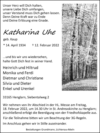 Traueranzeige von Katharina Uhe von Westfalen-Blatt