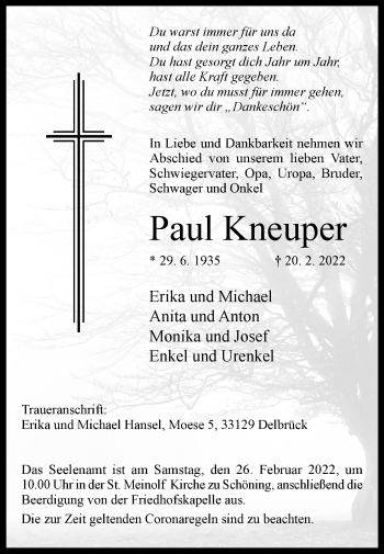 Traueranzeige von Paul Kneuper von Westfalen-Blatt