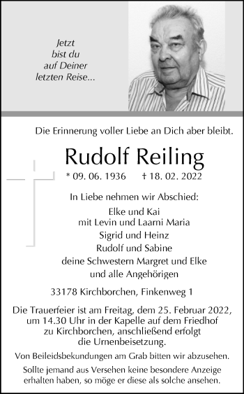 Traueranzeige von Rudolf Reiling von Westfalen-Blatt