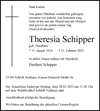 Traueranzeige von Theresia Schipper von Westfalen-Blatt