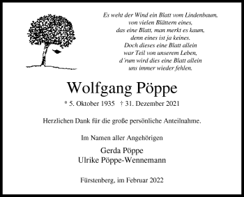 Traueranzeige von Wolfgang Pöppe von Westfalen-Blatt