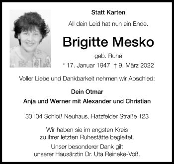 Traueranzeige von Brigitte Mesko von Westfalen-Blatt