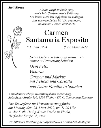 Traueranzeige von Carmen Santamaria Exposito von Westfalen-Blatt