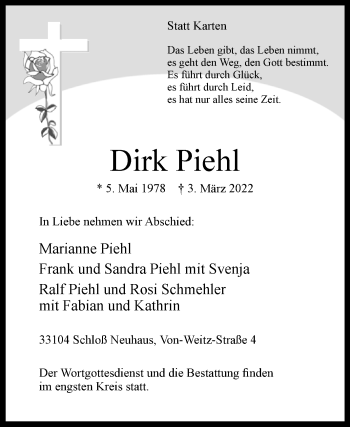 Traueranzeige von Dirk Piehl von Westfalen-Blatt