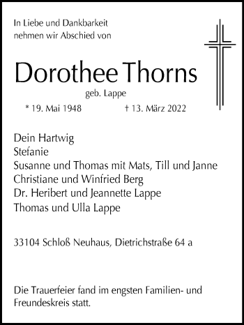 Traueranzeige von Dorothee Thorns von Westfalen-Blatt