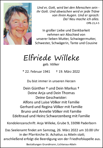 Traueranzeige von Elfriede Willeke von Westfalen-Blatt